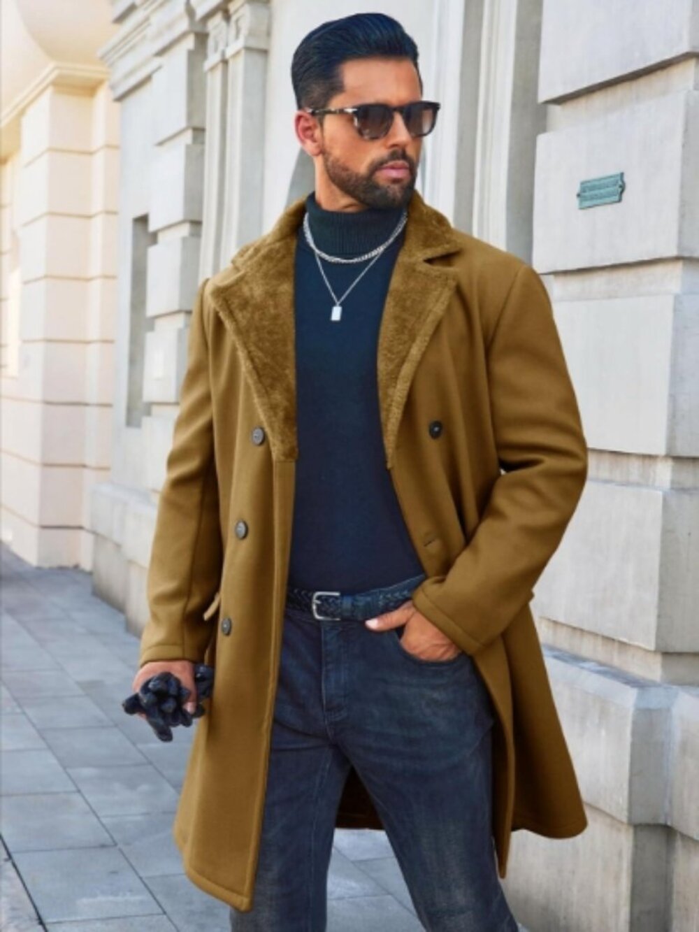 Runcati Shearling Trench Coat Double Breasted Mid Long Peacoat